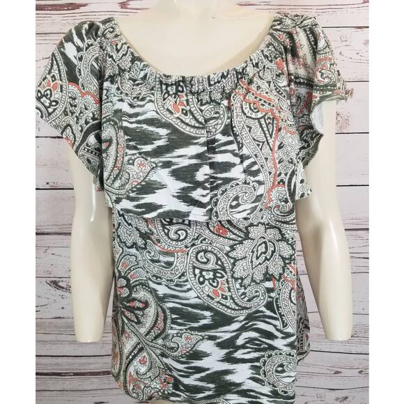 CHICO'S off shoulder top Summer short sleeve Paisley Gray pink size 1 = Small - Picture 2 of 8